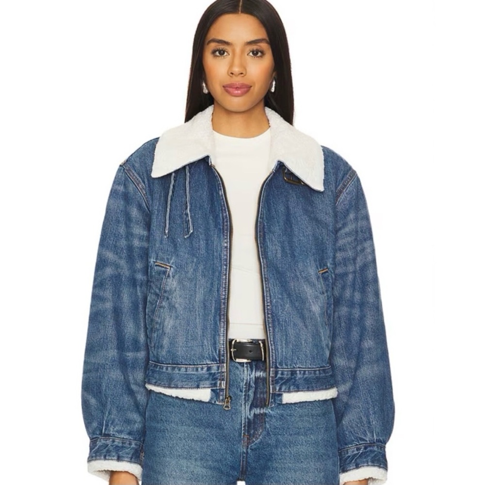 New Re/Done Denim Sherpa High-Neck Aviator Jacket Blue Large